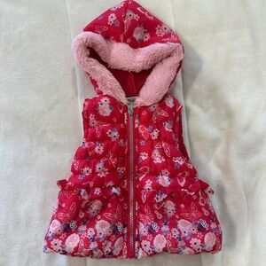 Little Lass Baby Girls Pink Floral Butterfly Puffer Vest Hooded Faux Fur 12M
